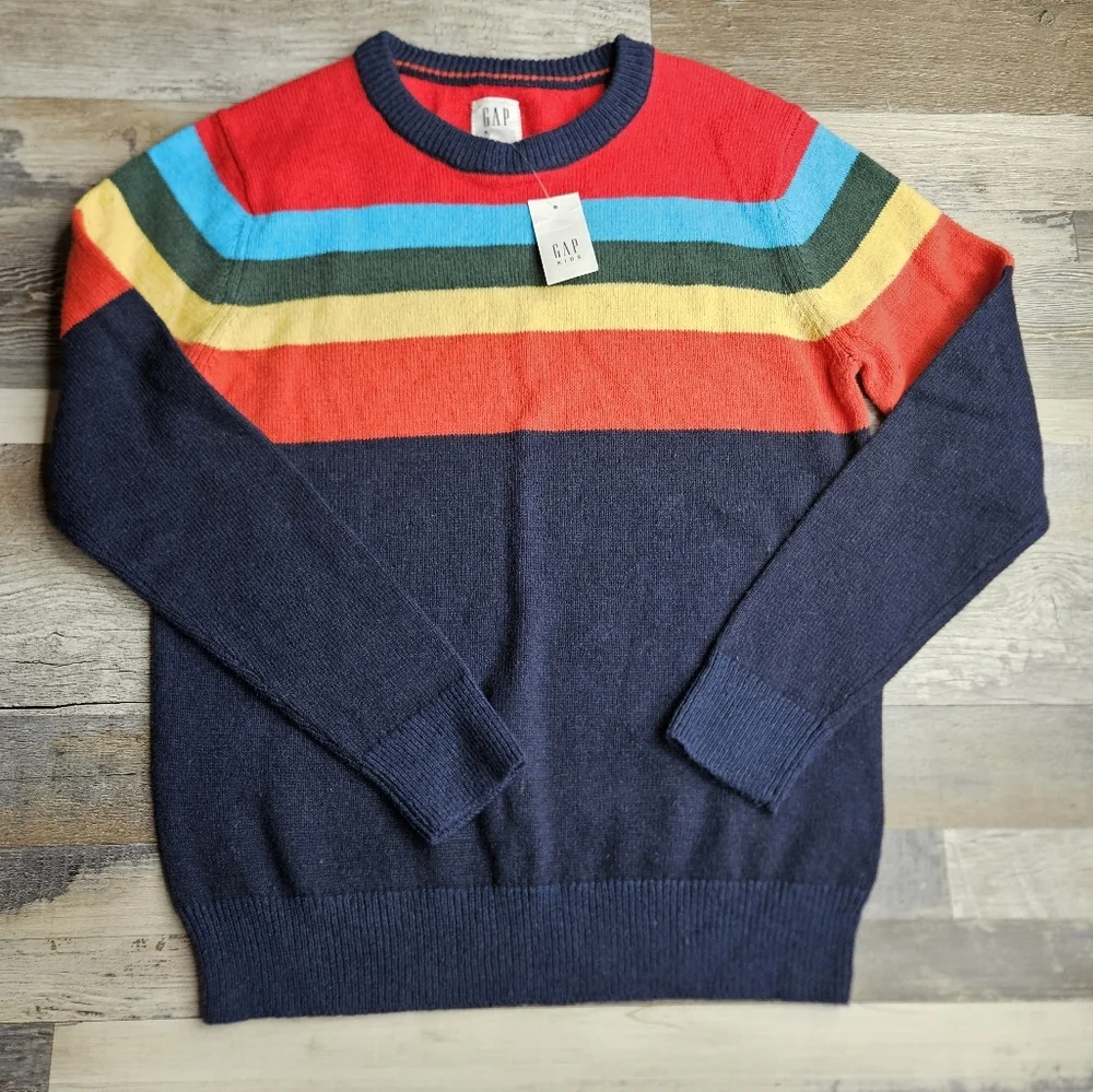 Gap Wool Blend Sweater New Blue With Rainbow Stripes Girl's Size Large